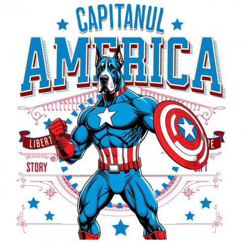 Sticker Adeziv Autocolant Personalizat Great Dane în Costum de Captain America cu Pelerină - Cadou Personalizat pentru Copii și Iubitorii de Câini