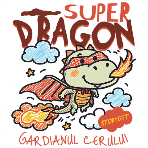 Sticker Adeziv Autocolant Personalizat Dragon cu Pelerină și Mască - Super Erou Gardianul Cerului pentru Copii