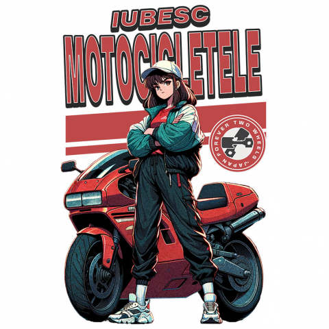 Sticker Adeziv Autocolant Personalizat Fată Animată Cu Șapcă, Ținută Sport, Motor Roșu – Viteză și Pasiune Moto