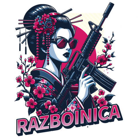 Sticker Adeziv Autocolant Personalizat Fata Asiatica cu Mitralieră și Flori Roz – Războinică Personalizată