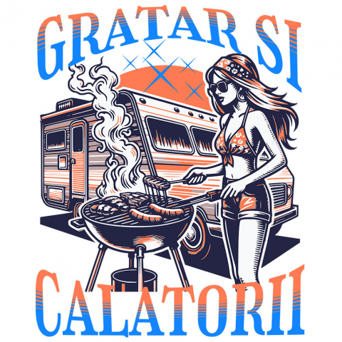CALATORIE - Sticker Adeziv Autocolant Personalizat "Costum de Baie Fata și Grătar la Rulota – Relaxare și Călătorii de Vară"