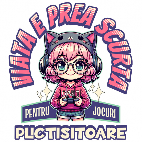 Sticker Adeziv Autocolant Personalizat Fată Stil Anime „Viața E Prea Scurtă” cu Păr Roz, Palarie Pisică și Manetă Jocuri Video - Cadou Personalizat