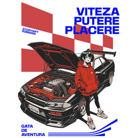 Sticker Adeziv Autocolant Personalizat Tricou Anime Auto – Fată cu Hanorac Roșu și Mașină Sport Puternică