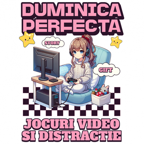 Sticker Adeziv Autocolant Personalizat Fată Stil Anime „Duminica Perfectă” - Cadou Personalizat pentru Iubitorii de Jocuri Video și Familie