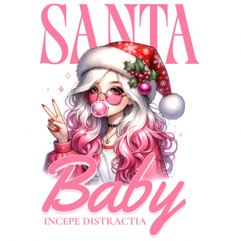 CRACIUN - Sticker Adeziv Autocolant Personalizat Fată Stil Anime cu Căciulă de Crăciun – Santa Baby și Distracția Începe de Crăciun