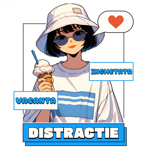 Sticker Adeziv Autocolant Personalizat Fata Stil Asiatic cu Pălărie și Înghețată - Cadou Personalizat Vacanță și Distracție