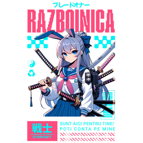 RAZBOINIC - Sticker Adeziv Autocolant Personalizat Cadouri personalizate – Fata stil asiatic cu sabii ninja și mesaj inspirațional