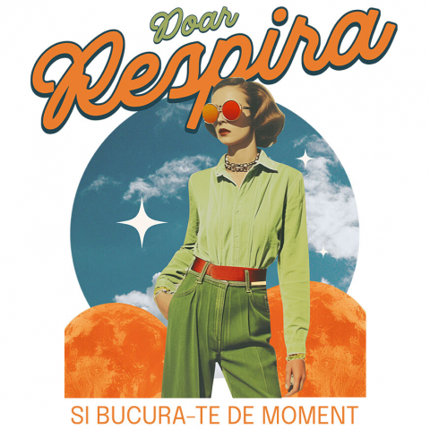 Cadouri Pentru Ea - Sticker Adeziv Autocolant Personalizat Femeie Stil Retro cu Ochelari Aviator și Mesaj "Doar Respiră și Bucură-te de Moment" - Cadouri Personalizate cu Artă Abstractă și Inspirație