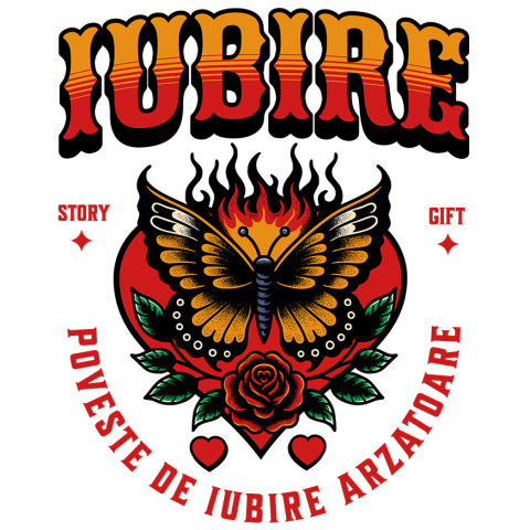 Cadouri Pentru Cupluri - Sticker Adeziv Autocolant Personalizat Fluture Colorat în Flăcări și Floare Roșie - Poveste de Iubire Arzătoare pentru Cadouri Personalizate