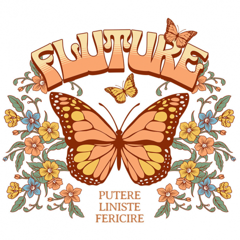 Sticker Adeziv Autocolant Personalizat Fluture Portocaliu cu Mesaj de Putere și Liniște | Cadou Personalizat cu Flori Colorate