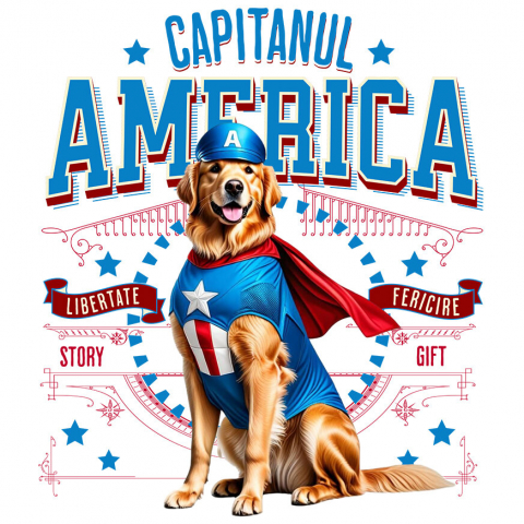 Sticker Adeziv Autocolant Personalizat Golden Retriever în Costum Captain America cu Pelerină - Cadou Personalizat pentru Copii și Iubitorii de Câini