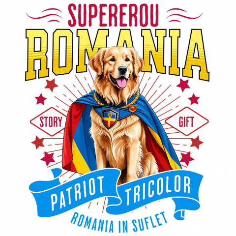Cadouri Pentru Ea - Sticker Adeziv Autocolant Personalizat Golden Retriever Supererou – Costum Căpitan România, Cadou Personalizat