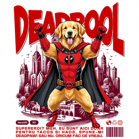 Sticker Personalizat - Sticker Adeziv Autocolant Personalizat Golden Retriever în Costum Deadpool - Cadou Personalizat pentru Copii și Familie