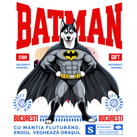 Cadouri Pentru Cupluri - Sticker Adeziv Autocolant Personalizat Husky Siberian În Costum de Batman – Câine Supererou pentru Copii și Iubitorii de Animale