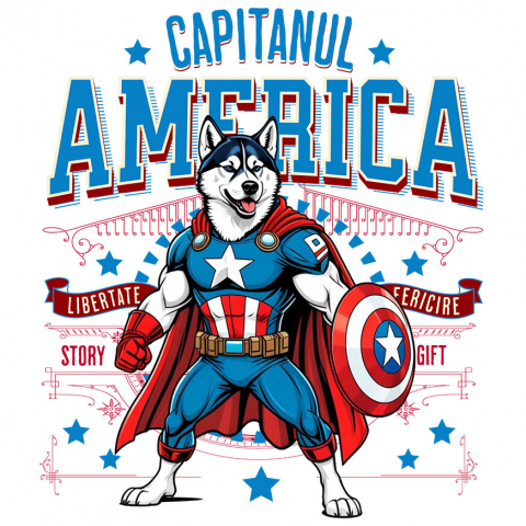 Sticker Personalizat - Sticker Adeziv Autocolant Personalizat Husky Siberian în Costum Captain America cu Pelerină - Cadou Personalizat pentru Copii și Iubitorii de Câini