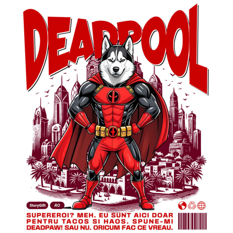 Sticker Adeziv Autocolant Personalizat Husky Siberian în Costum Deadpool - Cadou Personalizat pentru Copii și Familie