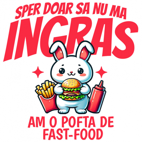 Sticker Adeziv Autocolant Personalizat Iepure alb cu burger și cartofi prăjiți | Cadou personalizat și haios pentru familie și prieteni