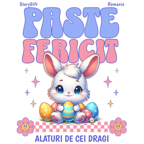 PASTE - Sticker Adeziv Autocolant Personalizat "Iepure Alb Copii Cu Oua Colorate, Flori și Stele - Paște Fericit Alături De Cei Dragi"