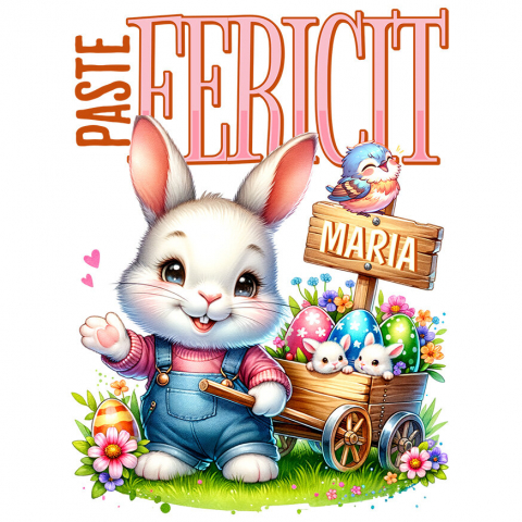 PASTE - Sticker Adeziv Autocolant Personalizat "Iepure Alb Cu Salopetă De Denim și Căruț Cu Ouă Colorate - Paște Fericit Maria"