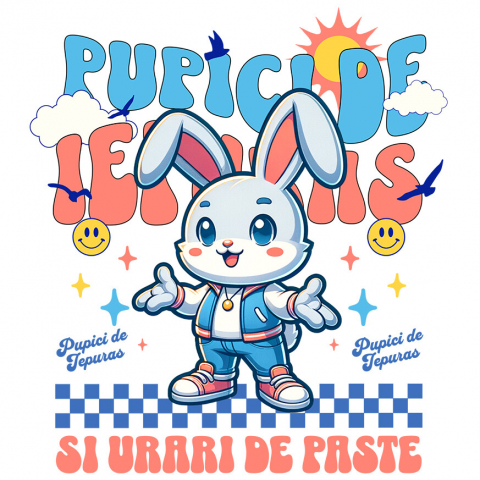 PASTE - Sticker Adeziv Autocolant Personalizat "Iepure Alb cu Urechi Lungi și Îmbrăcăminte Modernă – Pupici și Urări de Paște Fericit"