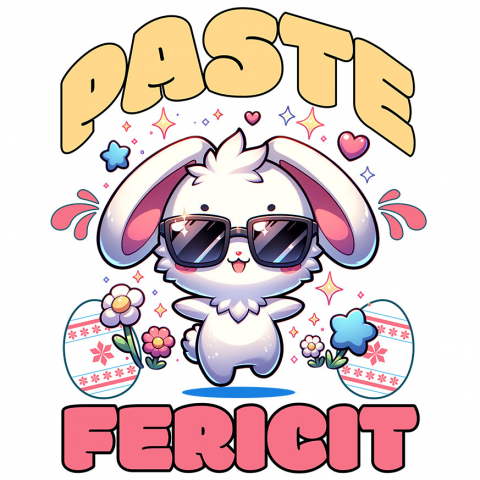 PASTE - Sticker Adeziv Autocolant Personalizat "Iepure Cool Alb Cu Ochelari De Soare - Paște Fericit Cu Ouă Colorate și Flori"