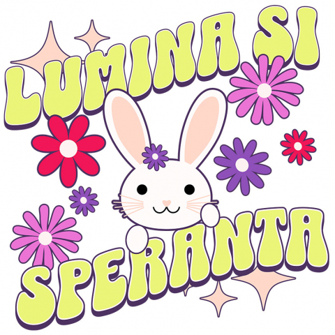 Sticker Adeziv Autocolant Personalizat "Iepure cu Floare și Urechi Lungi – Lumina și Speranța Sărbătorilor Pascale pentru Copii"