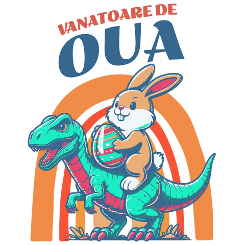 Cadouri Pentru Ea - Sticker Adeziv Autocolant Personalizat "Iepurele maro cu ou colorat călărind un dinozaur T-rex aduce o notă jucăușă și veselă sărbătorilor Pascale. O imagine perfectă pentru vânătoarea de ouă Paște alături de copii și familie."