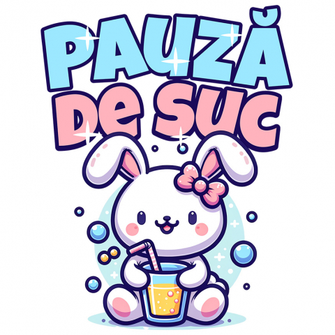 Sticker Adeziv Autocolant Personalizat „Iepure Roz cu Pahar de Suc – Pauză de Suc Copii Bule, Cadou Personalizat pentru Micuți”