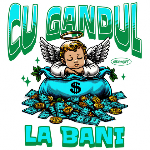 Sticker Adeziv Autocolant Personalizat Inger Copil cu Aripi și Sac de Bani – Cadou Simbolic Financiar pentru Familie, Tati, Copii, Abundență și Succes