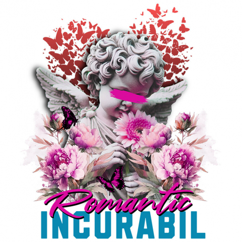 DRAGOSTE - Sticker Adeziv Autocolant Personalizat Statuie Înger Copil cu Flori Roz și Mesaj „Romantic Incurabil” – Cadou Personalizat