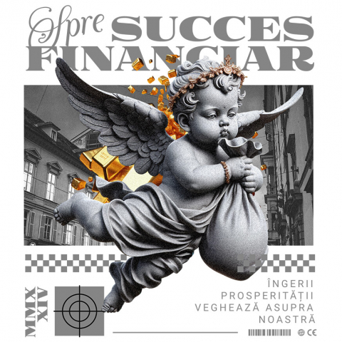 Sticker Adeziv Autocolant Personalizat Înger cu Sac de Bani în Zbor – Statuie Motivatională „Spre Succes Financiar” – Cadou Personalizat pentru Familie, Tati, Copii, Prieteni