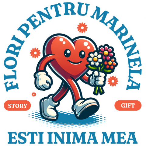 Sticker Adeziv Autocolant Personalizat Inimă Veselă cu Buchet de Flori și Mesaj „Flori pentru Marinela, Inima Mea” – Cadou Personalizat