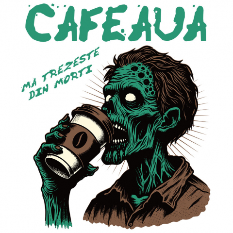 Sticker Adeziv Autocolant Personalizat Zombie Halloween - Design Înfricoșător și Amuzant cu Cafea - Cadouri Personalizate