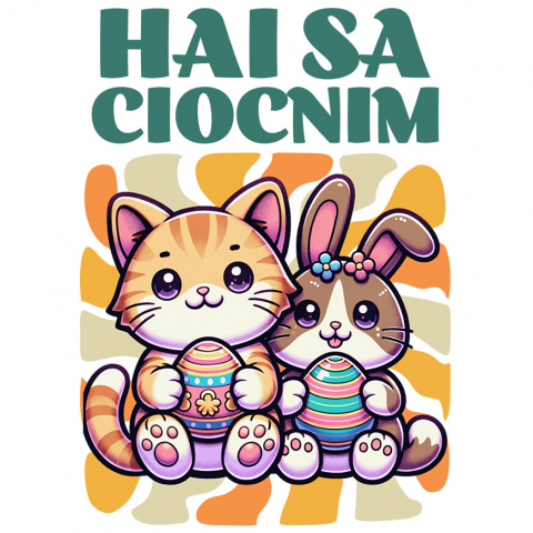 PASTE - Sticker Adeziv Autocolant Personalizat "Pisica Portocalie și Iepure Cu Ouă Colorate - Hai Să Ciocnim Paște Fericit"