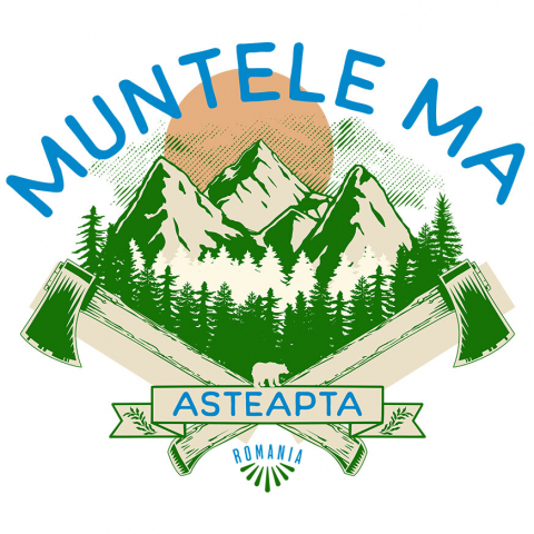 CALATORIE - Sticker Adeziv Autocolant Personalizat "Aventura Montană cu Topoare și Siluetă de Urs Brun – Muntele Mă Așteaptă"