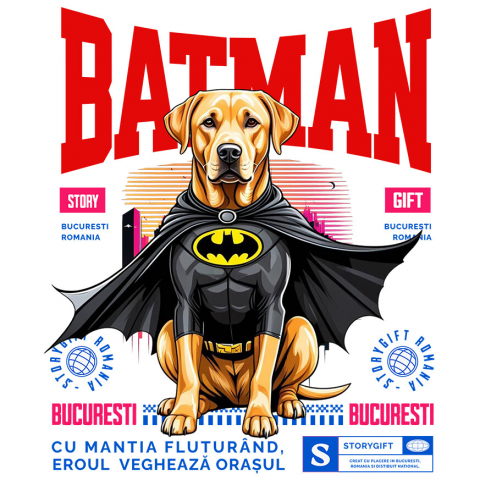 Sticker Adeziv Autocolant Personalizat Labrador Retriever În Costum de Batman – Câine Supererou pentru Familie și Copii