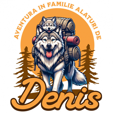 Sticker Adeziv Autocolant Personalizat „Lup Sălbatic și Pui Cu Rucsac de Aventură – Cadou Personalizat pentru Familii și Călătorii în Natură”