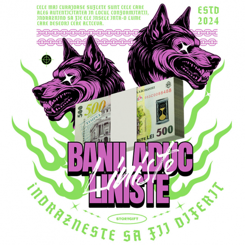 BANI - Sticker Adeziv Autocolant Personalizat Lupi Sălbatici și Teanc Bancnote Bani – Cadou Motivational pentru Familie, Copii, Tati, Prieteni