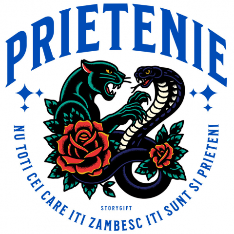 Sticker Adeziv Autocolant Personalizat „Cadou Personalizat Tigru Furios și Sarpe Periculos cu Trandafiri Roșii – Mesaj despre Prietenie Adevărată”