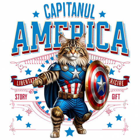 Cadouri Pentru Cupluri - Sticker Adeziv Autocolant Personalizat Pisica Maine Coon în Costum de Captain America cu Pelerină - Cadou Personalizat pentru Copii și Iubitorii de Pisici
