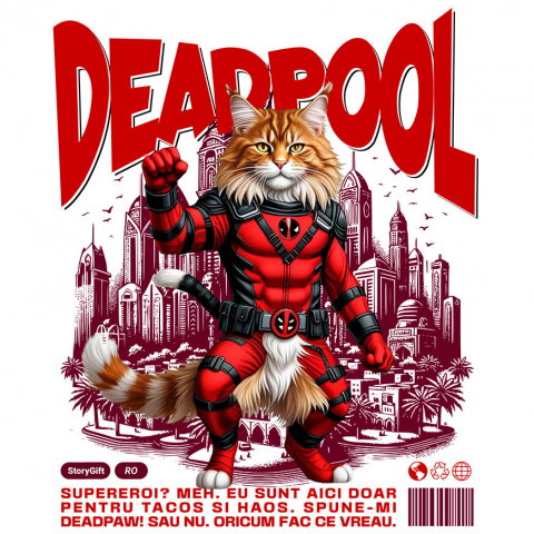 Sticker Adeziv Autocolant Personalizat Pisică Maine Coon în Costum Deadpool – Supererou Amuzant și Personalizat