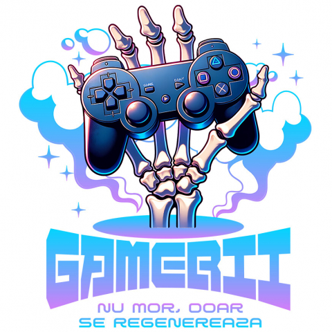 Sticker Adeziv Autocolant Personalizat Mână Schelet cu Manetă Jocuri Video „Gamerii Nu Mor Doar Se Revanșează” - Cadou Personalizat pentru Gameri și Familie