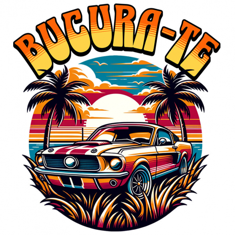 Sticker Adeziv Autocolant Personalizat Mașină Vintage de Curse – Apus de Soare pe Insulă Tropicală