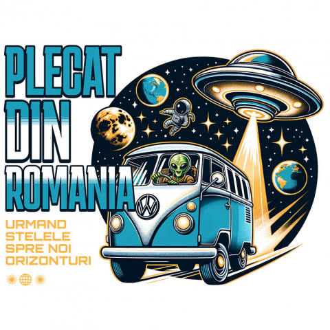 MASINI - Sticker Adeziv Autocolant Personalizat Mașină Vintage Pe Lună – Aventură Cosmică Cu Extratereștri Și Astronauți