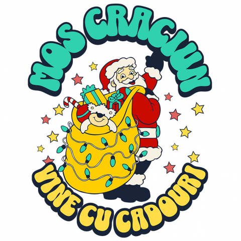 CRACIUN - Sticker Adeziv Autocolant Personalizat Tricou Personalizat Crăciun – Moș Crăciun Vesel cu Sac Plin de Cadouri