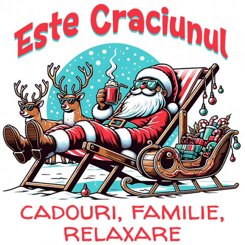 CRACIUN - Sticker Adeziv Autocolant Personalizat Moș Crăciun Vesel pe Șezlong cu Ciocolată Caldă – Cadouri Personalizate pentru Crăciun