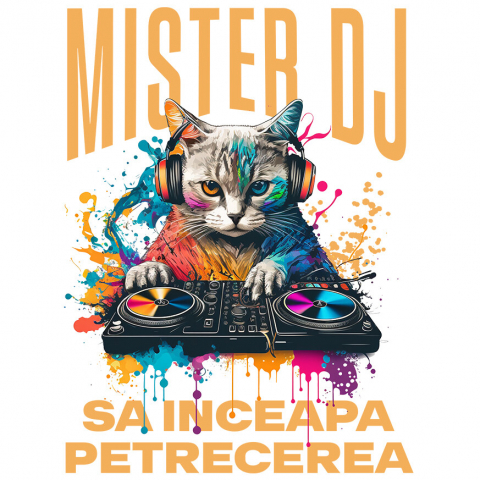 PISICI - Sticker Adeziv Autocolant Personalizat "Motan DJ Cu Casti Audio - Distracție Petrecere, Muzică și Zi Aniversară"