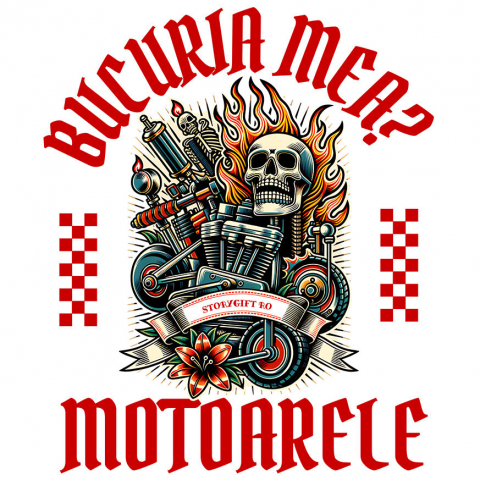 Sticker Adeziv Autocolant Personalizat Motor Puternic cu Craniu și Flăcări – Artă Mecanică și Viteză