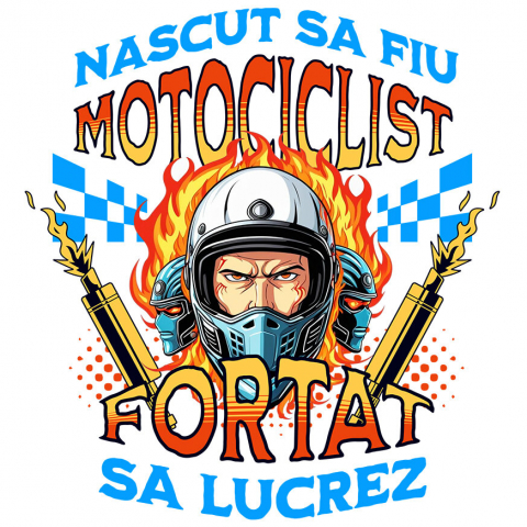 Sticker Adeziv Autocolant Personalizat Om Cu Cască De Protecție, Motor, Tobele Eșapamentului și Flăcări – Pasiune Moto