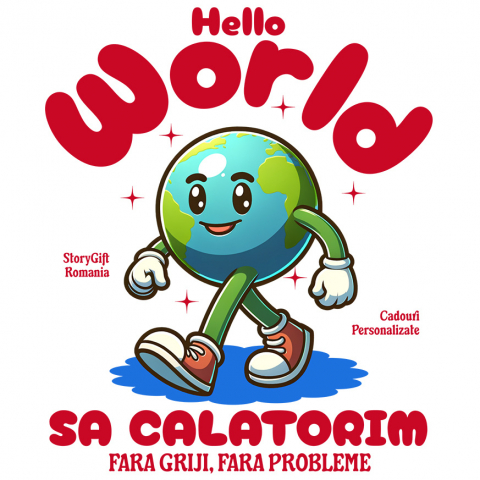 PLANETA - Sticker Adeziv Autocolant Personalizat "Produse personalizate pentru călătorii – Pământ animat cu adidași roșii și text Hello World"